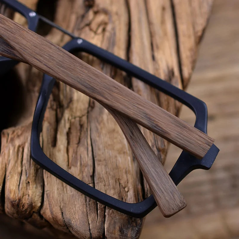 HDCRAFTER Oversized Vintage Square Glasses Frame with Clear Lens Women Men Wood Optical Eyeglasses Prescription Frames Spectacle