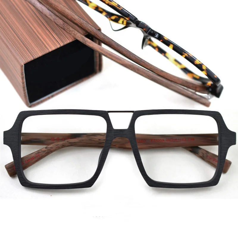 HDCRAFTER Oversized Vintage Square Glasses Frame with Clear Lens Women Men Wood Optical Eyeglasses Prescription Frames Spectacle