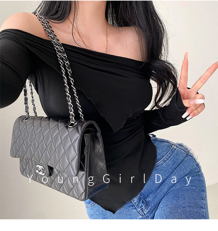 Cuffed off-Shoulder Slim Long Sleeve Top Bottoming T-shirt