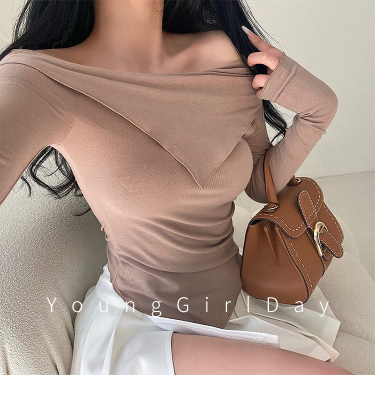 Cuffed off-Shoulder Slim Long Sleeve Top Bottoming T-shirt