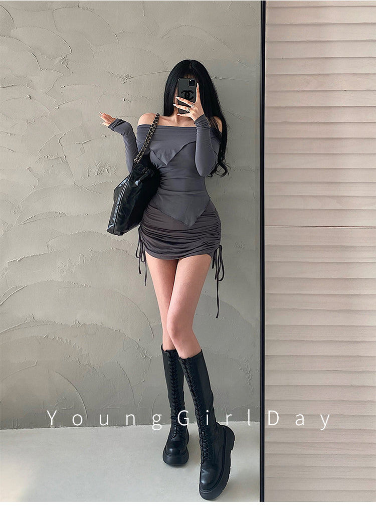 Cuffed off-Shoulder Slim Long Sleeve Top Bottoming T-shirt