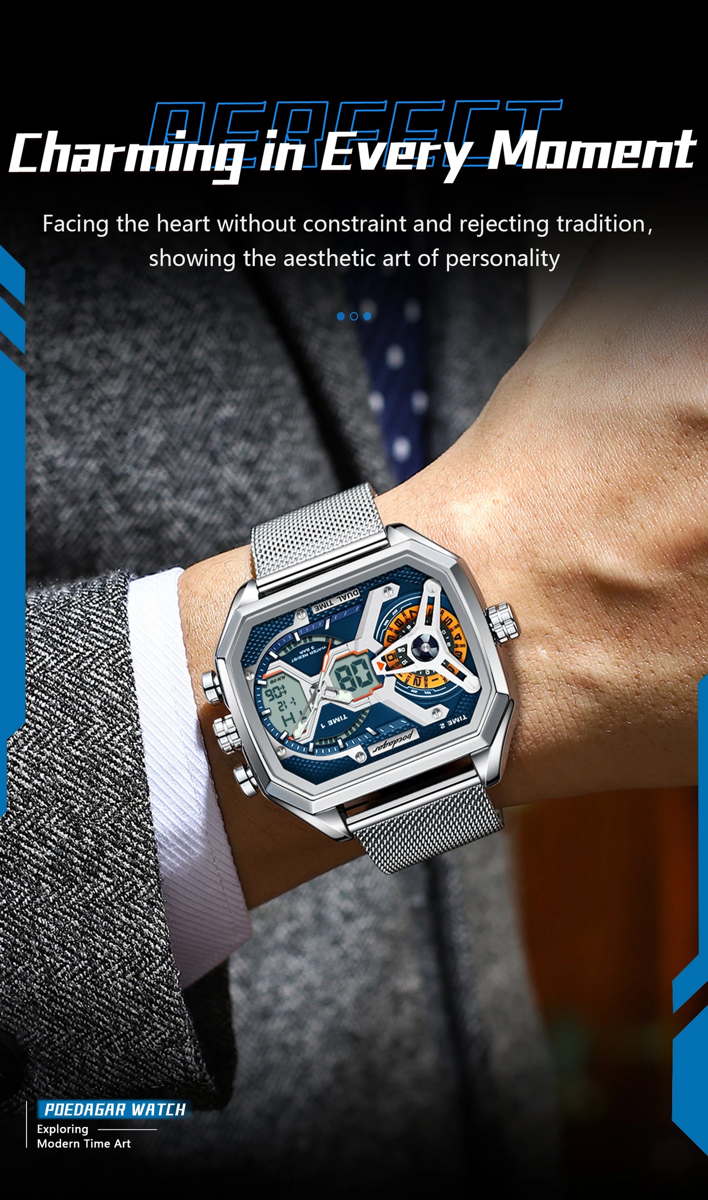 POEDAGAR Top Fashion Men Clock Rectangle Waterproof Date Week LED Man Watch Electronic Mesh Stainless Steel Quartz Men's Watches