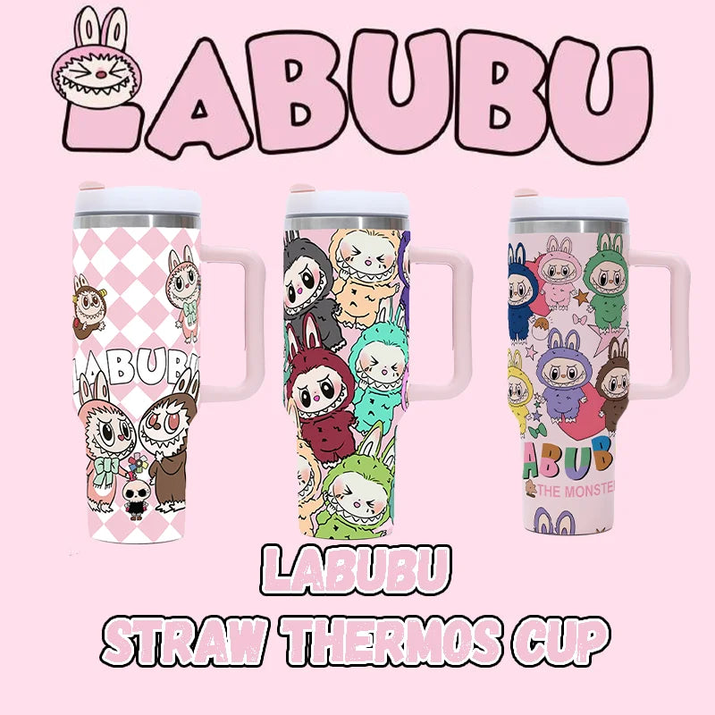 New Labubu 40Oz Stainless Steel Drum Type Tibial Drive Insulated Cup with Straw and Lid, Large Capacity Car Cup for Outdoor