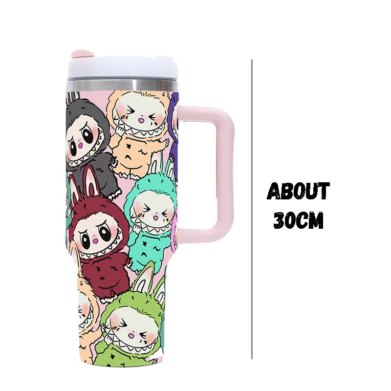 New Labubu 40Oz Stainless Steel Drum Type Tibial Drive Insulated Cup with Straw and Lid, Large Capacity Car Cup for Outdoor