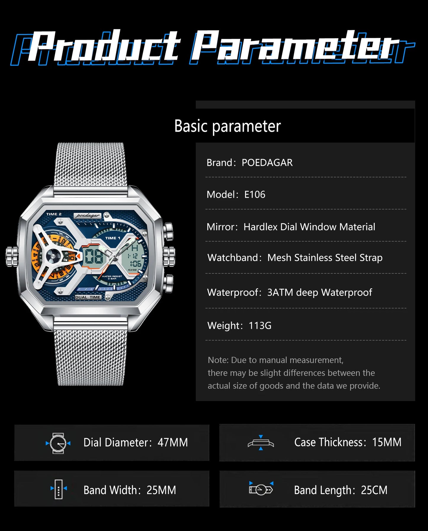 POEDAGAR Top Fashion Men Clock Rectangle Waterproof Date Week LED Man Watch Electronic Mesh Stainless Steel Quartz Men's Watches