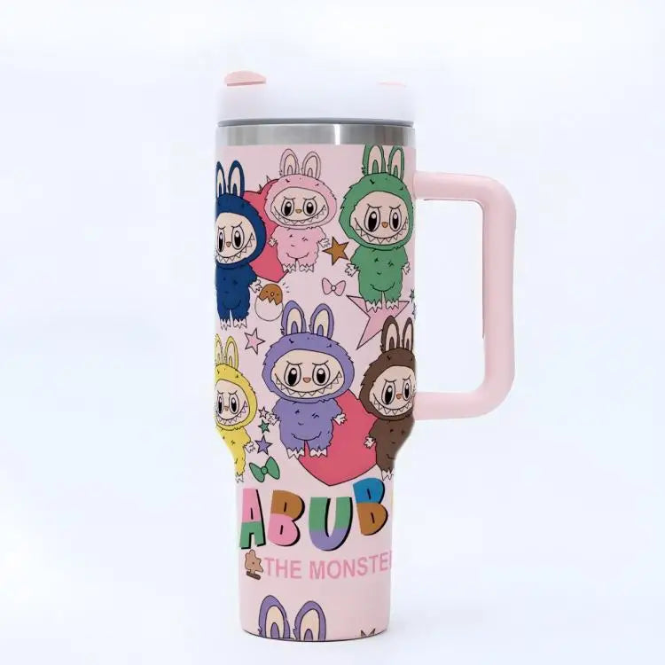 New Labubu 40Oz Stainless Steel Drum Type Tibial Drive Insulated Cup with Straw and Lid, Large Capacity Car Cup for Outdoor