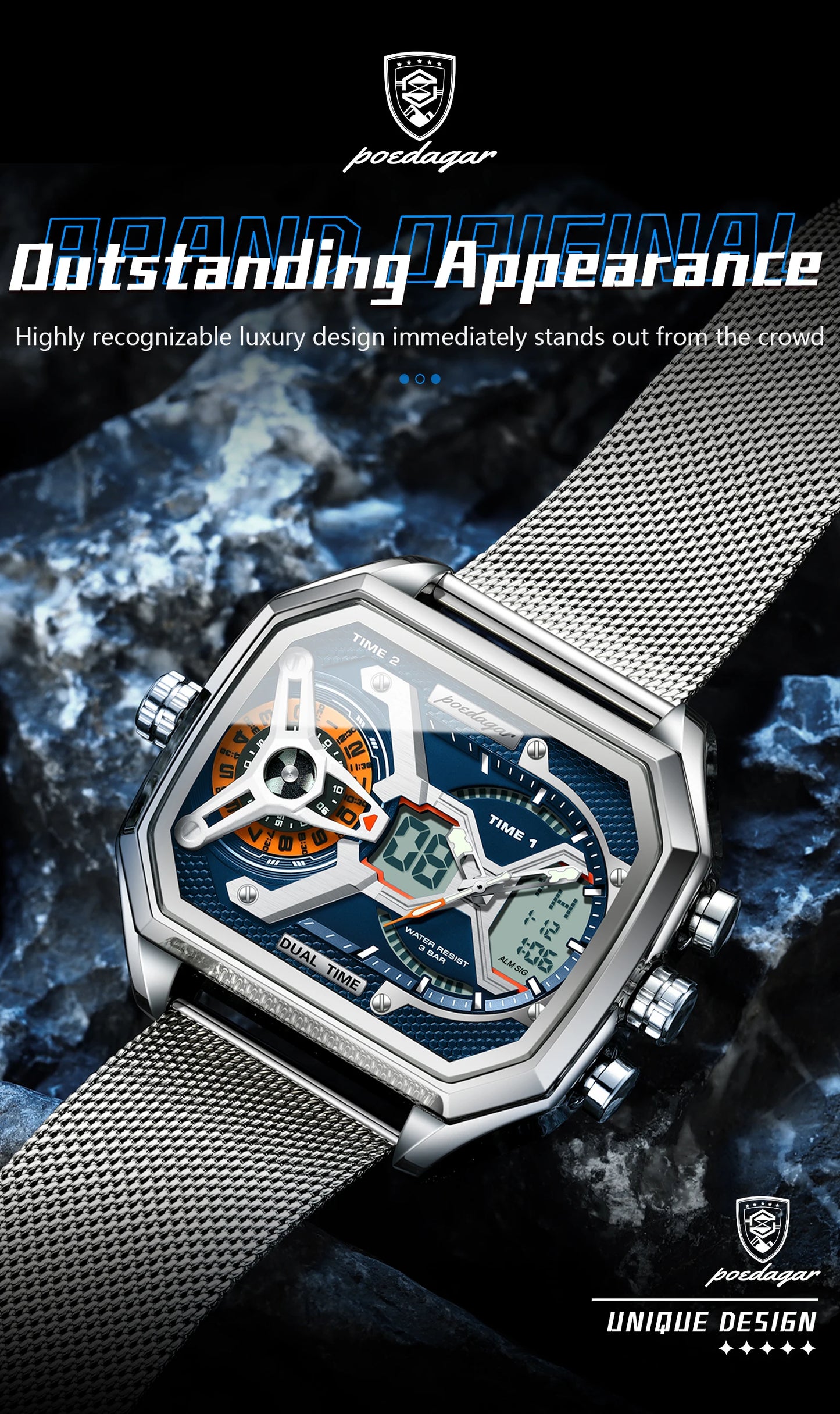 POEDAGAR Top Fashion Men Clock Rectangle Waterproof Date Week LED Man Watch Electronic Mesh Stainless Steel Quartz Men's Watches