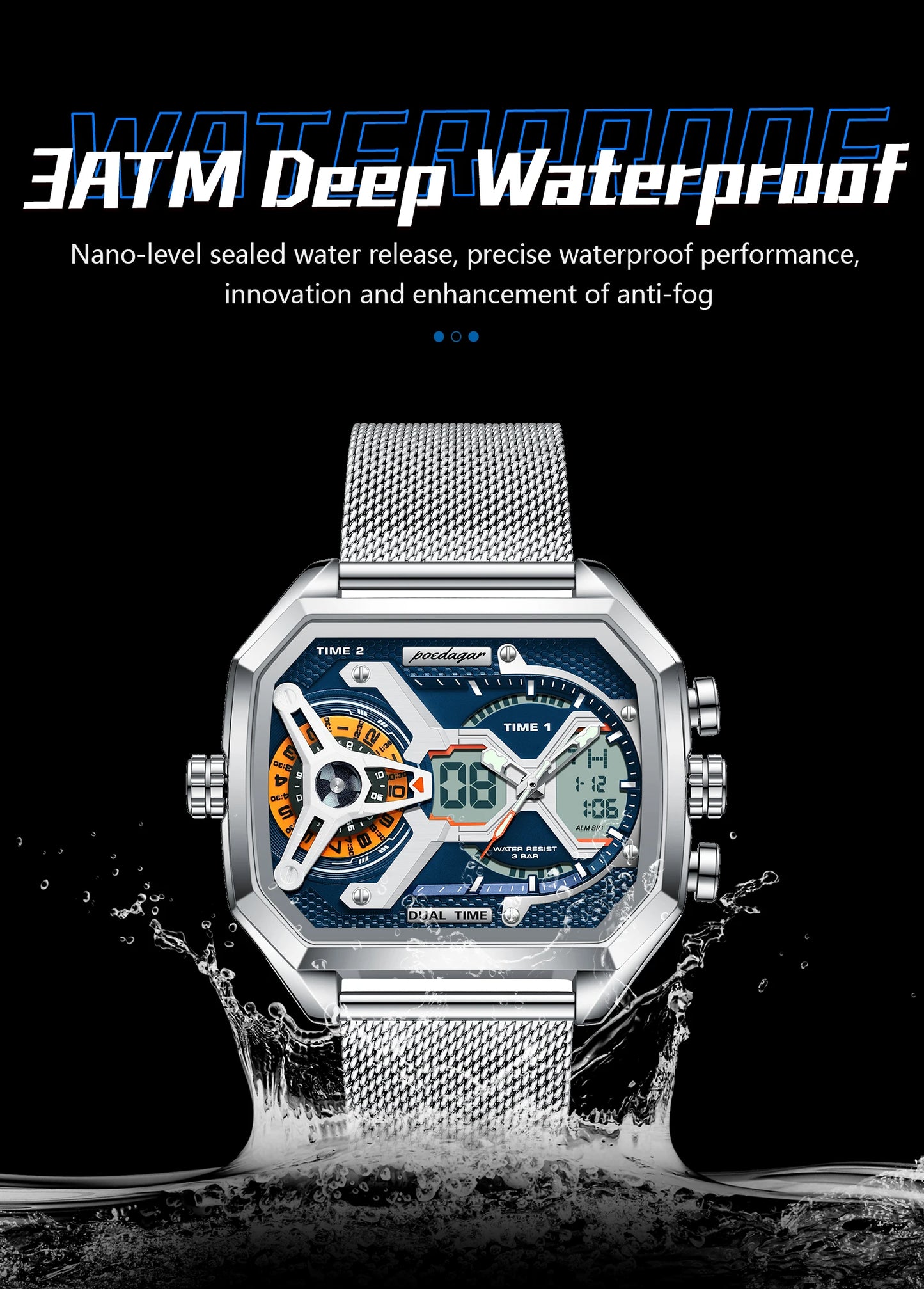 POEDAGAR Top Fashion Men Clock Rectangle Waterproof Date Week LED Man Watch Electronic Mesh Stainless Steel Quartz Men's Watches