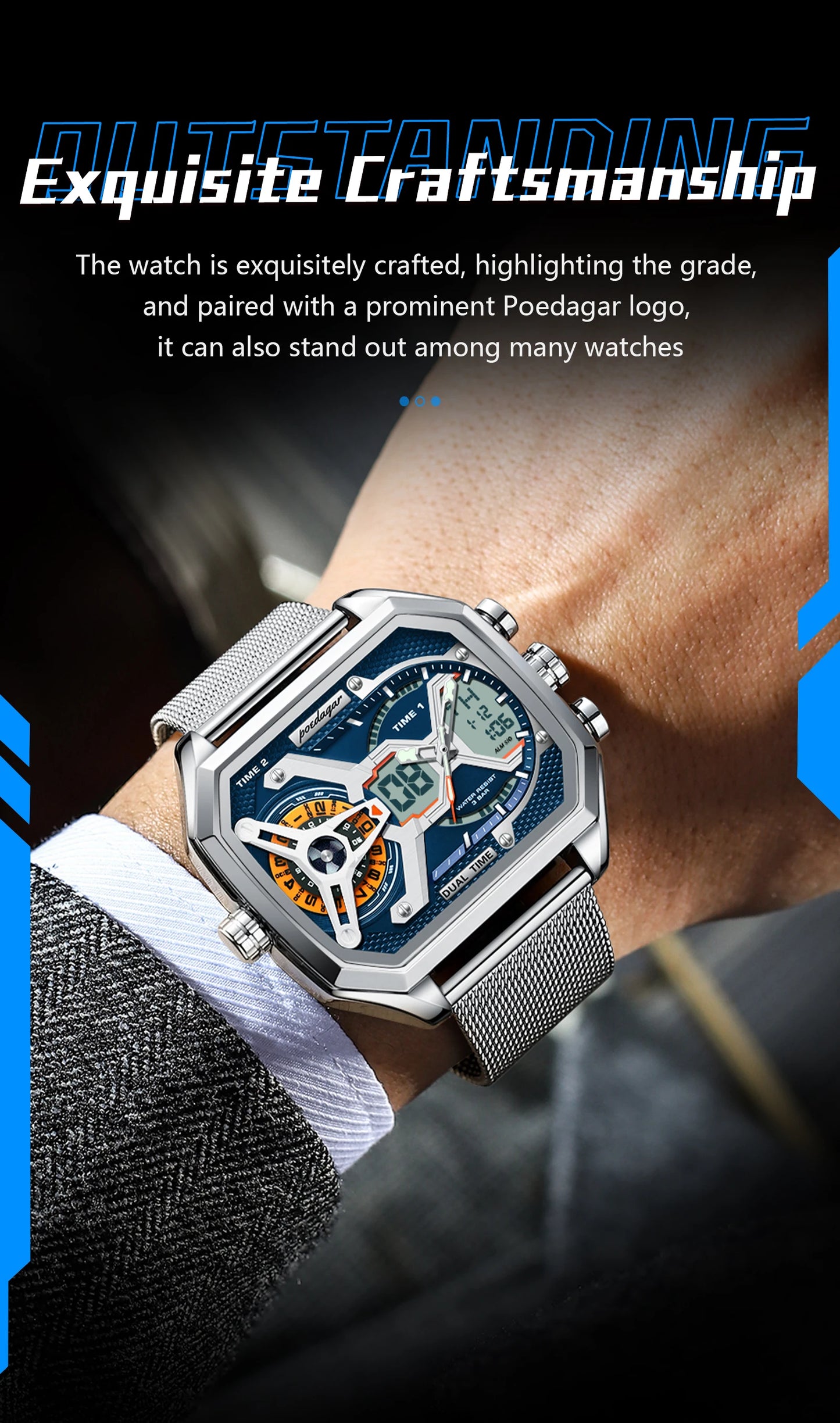 POEDAGAR Top Fashion Men Clock Rectangle Waterproof Date Week LED Man Watch Electronic Mesh Stainless Steel Quartz Men's Watches