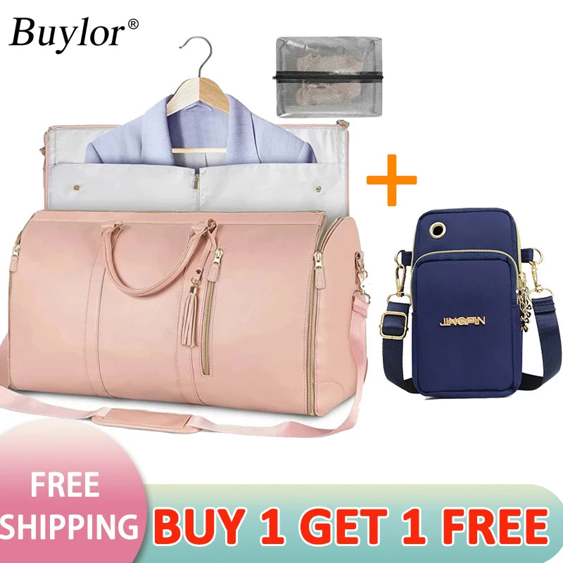 Buylor 2pcs Bags Foldable Suit Bag Large Capacity Travel Duffle Bag Waterproof Women Handbag Outdoor Fitness Bag With Shoe pouch