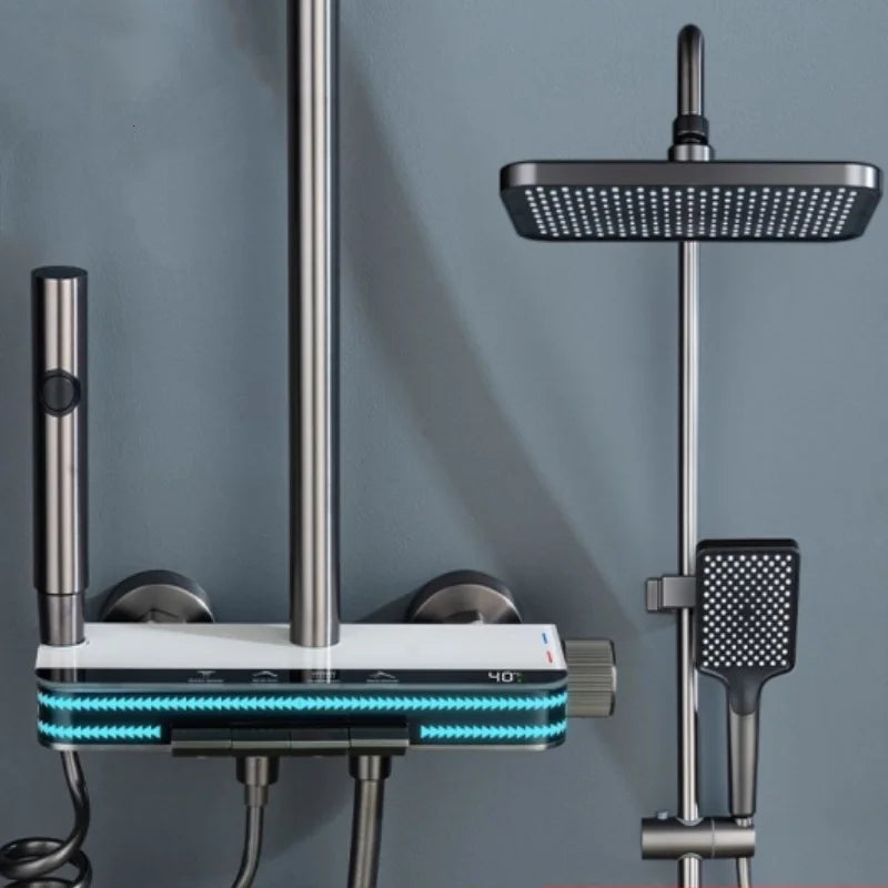 Hot Cold Temperature Digital Display Shower Set White Shower Faucet System Set With Ambient Light Bathroom Faucet Shower Head