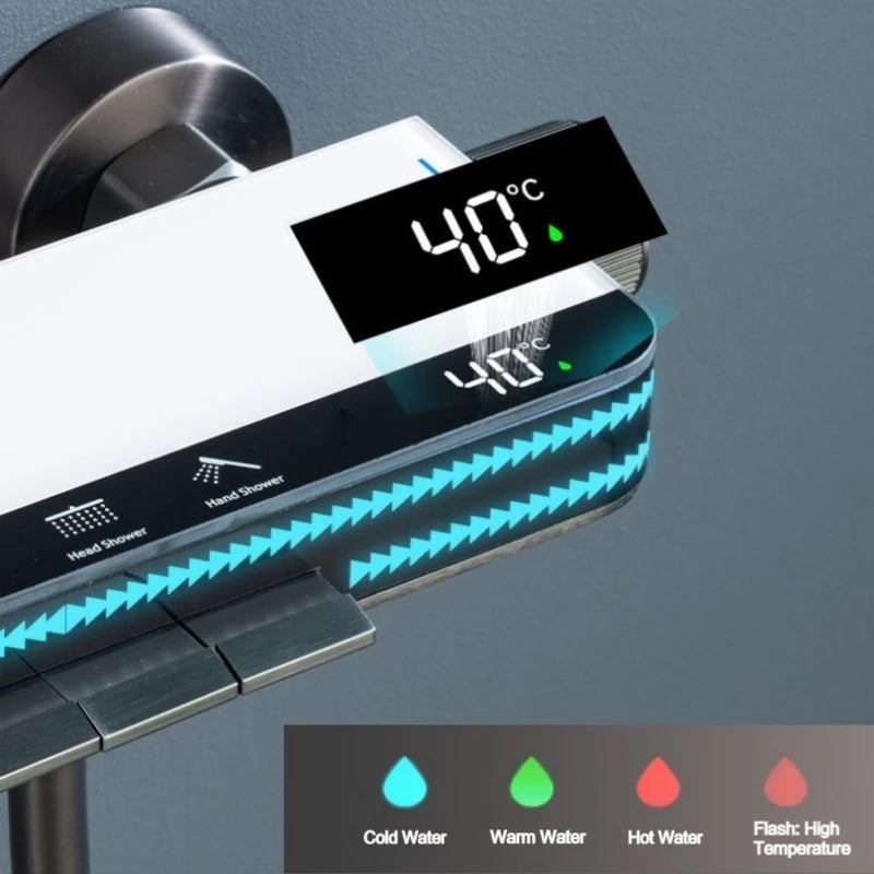 Hot Cold Temperature Digital Display Shower Set White Shower Faucet System Set With Ambient Light Bathroom Faucet Shower Head
