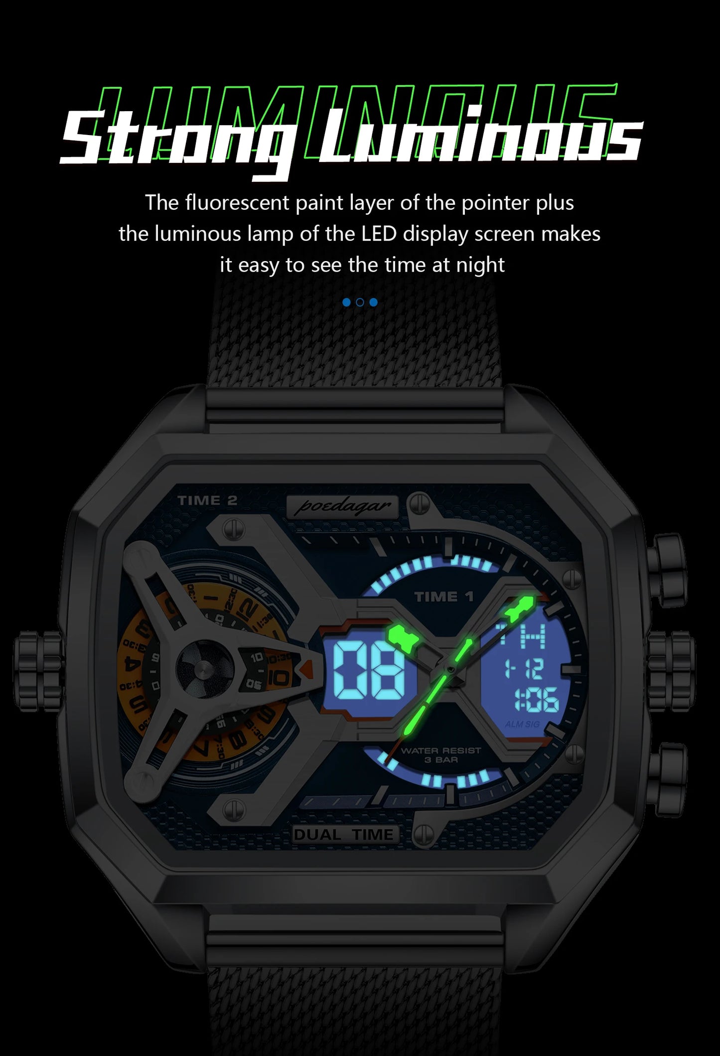 POEDAGAR Top Fashion Men Clock Rectangle Waterproof Date Week LED Man Watch Electronic Mesh Stainless Steel Quartz Men's Watches