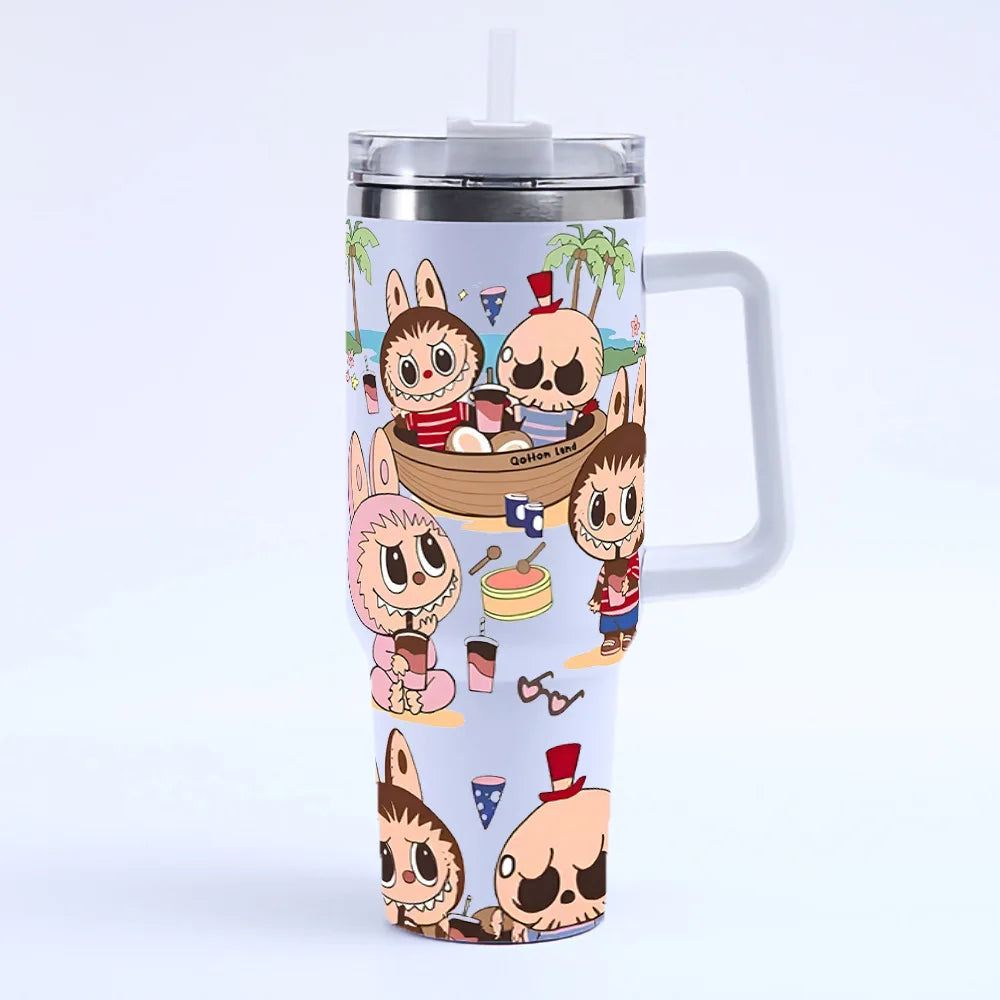 New Labubu 40Oz Stainless Steel Drum Type Tibial Drive Insulated Cup with Straw and Lid, Large Capacity Car Cup for Outdoor