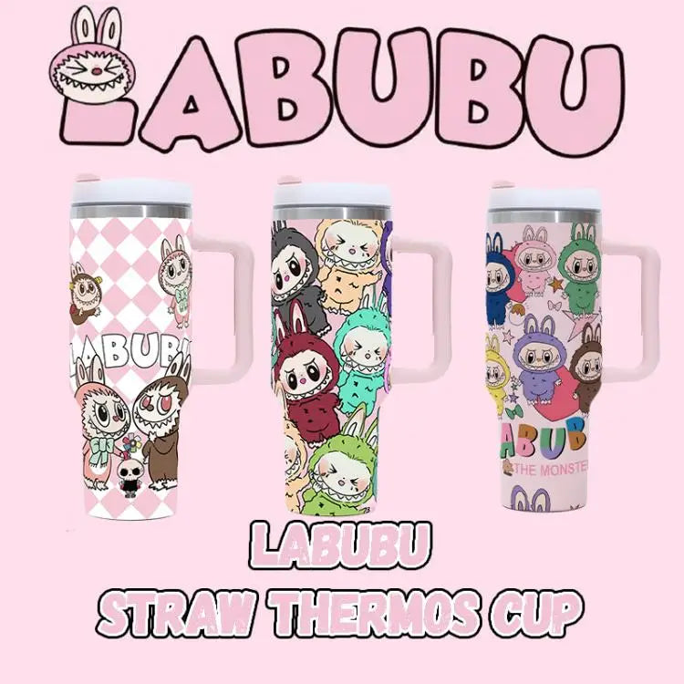 New Labubu 40Oz Stainless Steel Drum Type Tibial Drive Insulated Cup with Straw and Lid, Large Capacity Car Cup for Outdoor