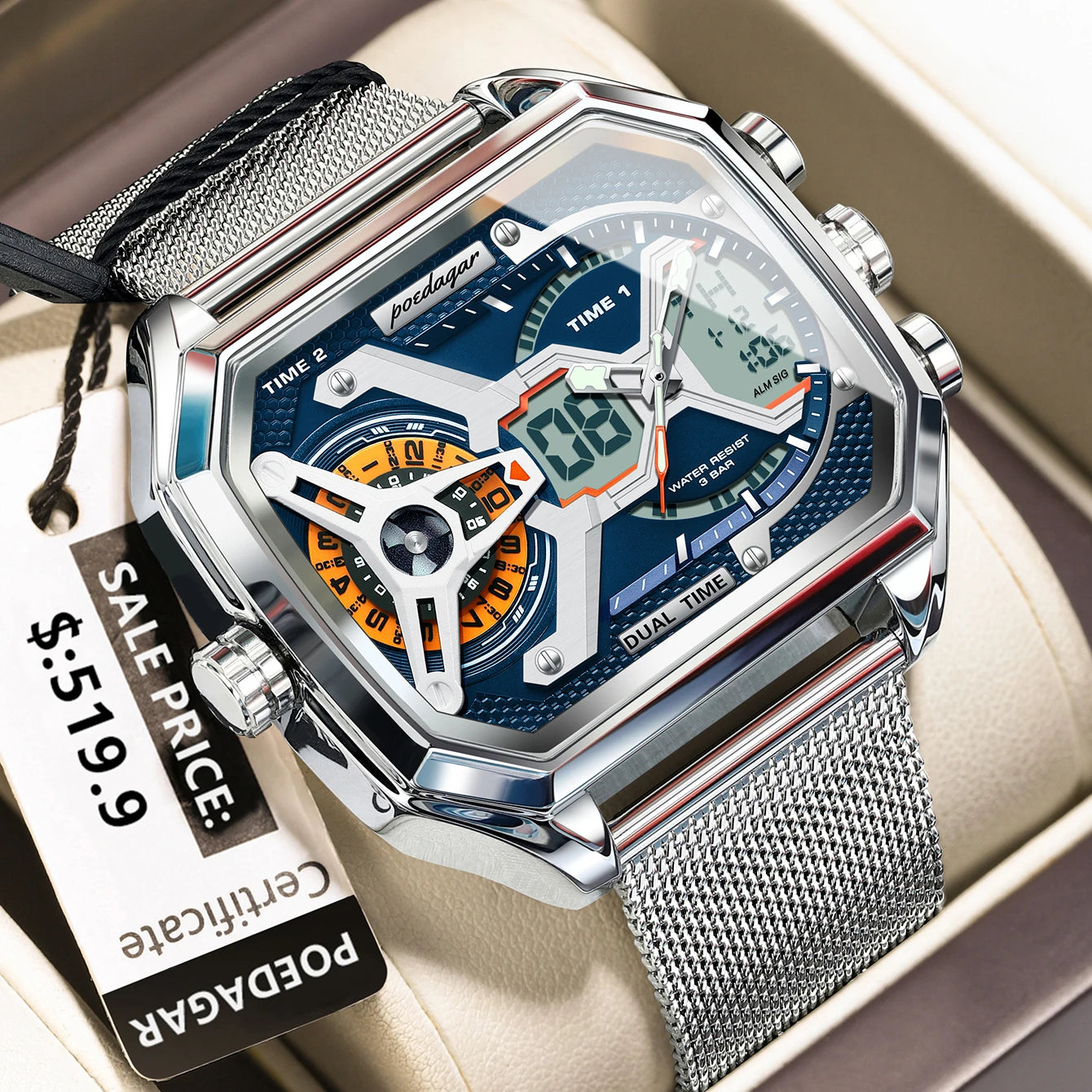 POEDAGAR Top Fashion Men Clock Rectangle Waterproof Date Week LED Man Watch Electronic Mesh Stainless Steel Quartz Men's Watches