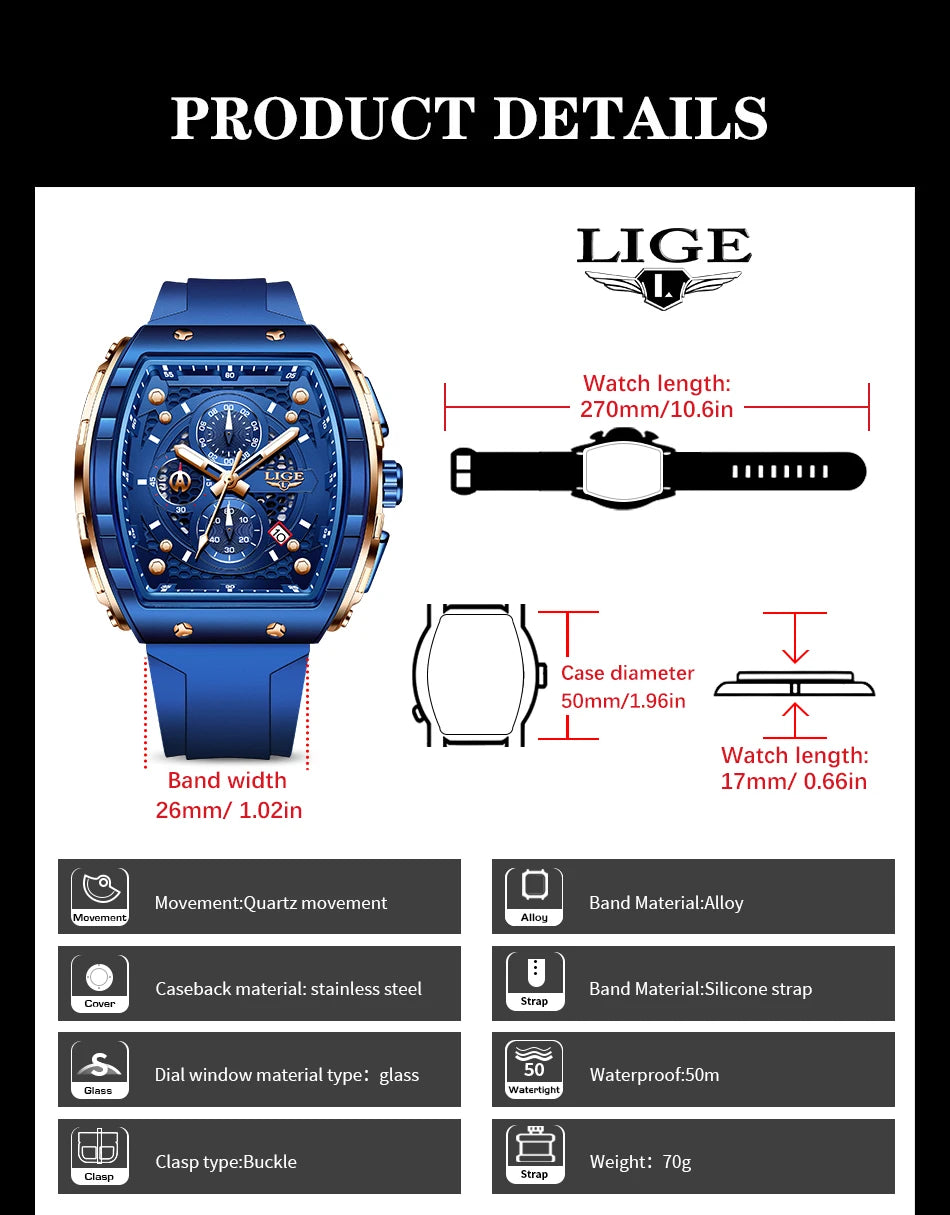 LIGE Top Brand Luxury Watches Men Sport 50M Waterproof Quartz Mens Watch Military Luminous Dive Wristwatch Male Reloj Homre 2024