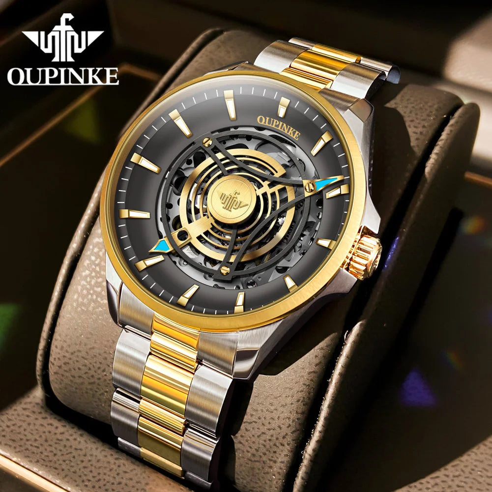 OUPINKE 3206 Top Brand Hollow Mechanical Watch For Men Synthetic Sapphire Mirror Waterproof Wristwatch Luxury Business Watches