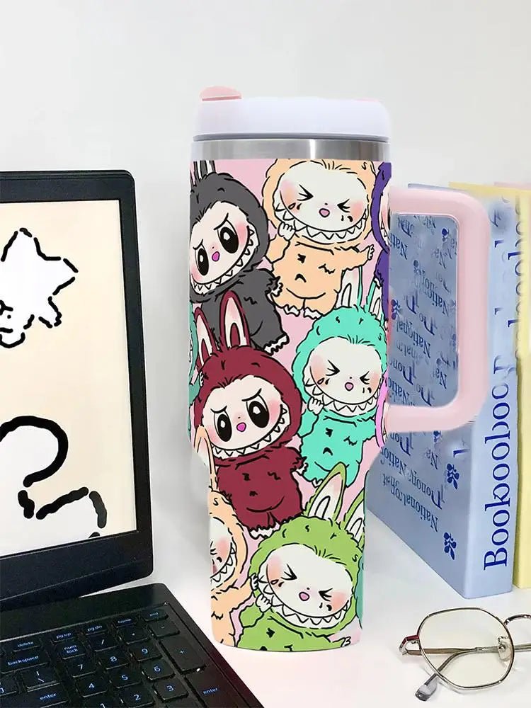 New Labubu 40Oz Stainless Steel Drum Type Tibial Drive Insulated Cup with Straw and Lid, Large Capacity Car Cup for Outdoor