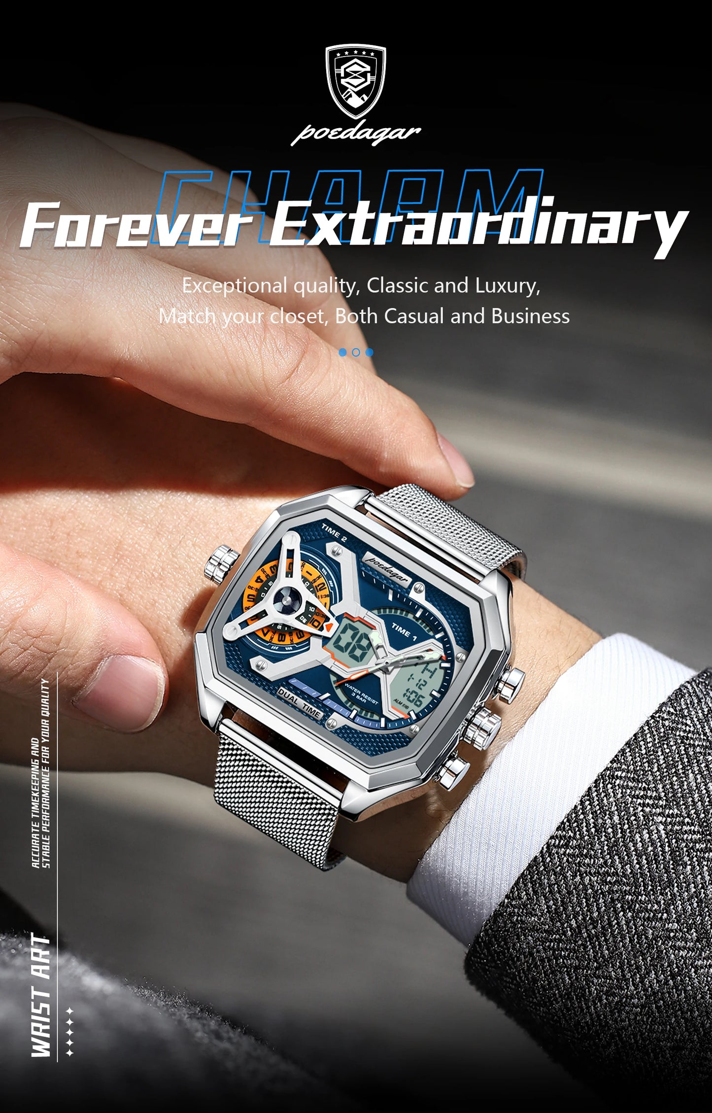 POEDAGAR Top Fashion Men Clock Rectangle Waterproof Date Week LED Man Watch Electronic Mesh Stainless Steel Quartz Men's Watches