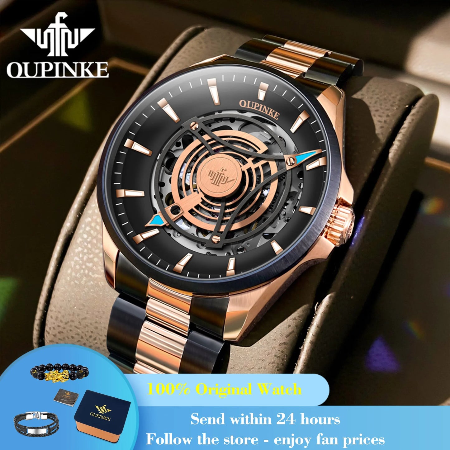 OUPINKE 3206 Top Brand Hollow Mechanical Watch For Men Synthetic Sapphire Mirror Waterproof Wristwatch Luxury Business Watches