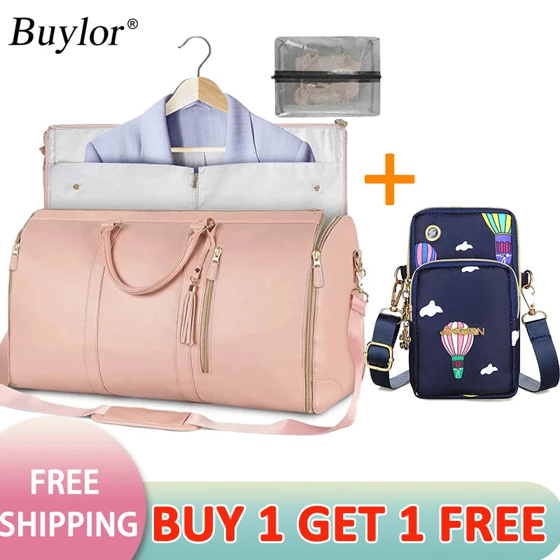 Buylor 2pcs Bags Foldable Suit Bag Large Capacity Travel Duffle Bag Waterproof Women Handbag Outdoor Fitness Bag With Shoe pouch