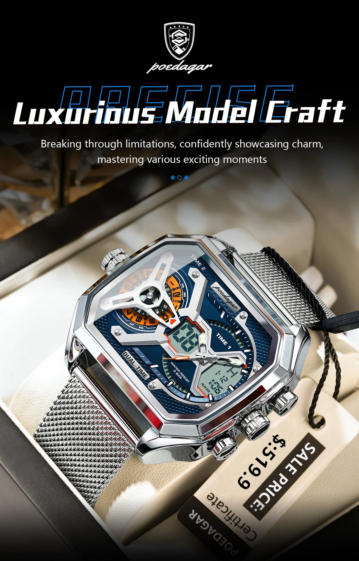 POEDAGAR Top Fashion Men Clock Rectangle Waterproof Date Week LED Man Watch Electronic Mesh Stainless Steel Quartz Men's Watches