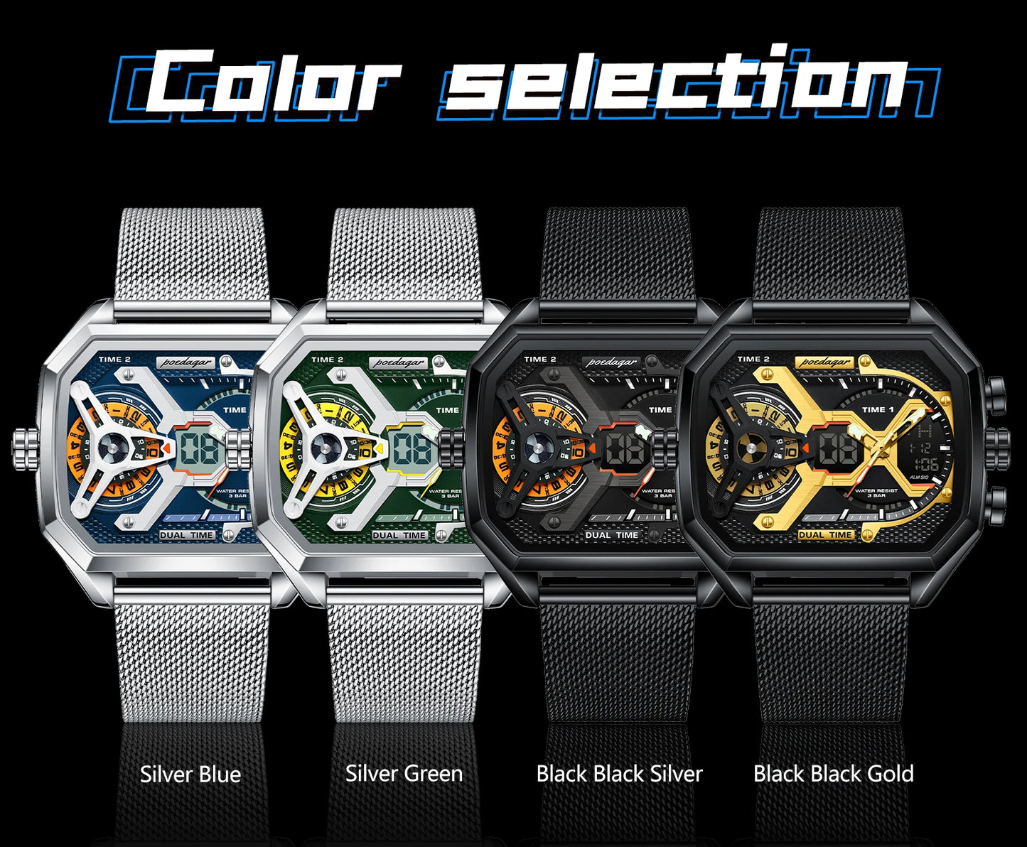 POEDAGAR Top Fashion Men Clock Rectangle Waterproof Date Week LED Man Watch Electronic Mesh Stainless Steel Quartz Men's Watches