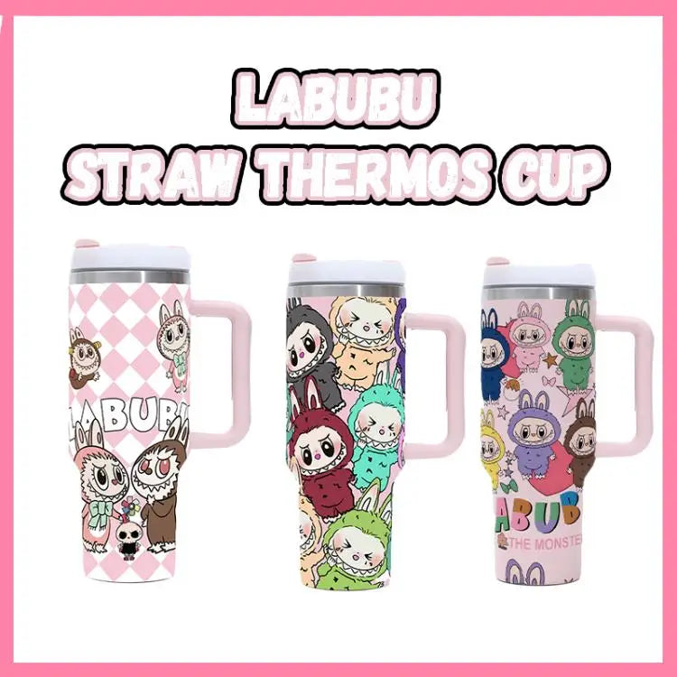 New Labubu 40Oz Stainless Steel Drum Type Tibial Drive Insulated Cup with Straw and Lid, Large Capacity Car Cup for Outdoor