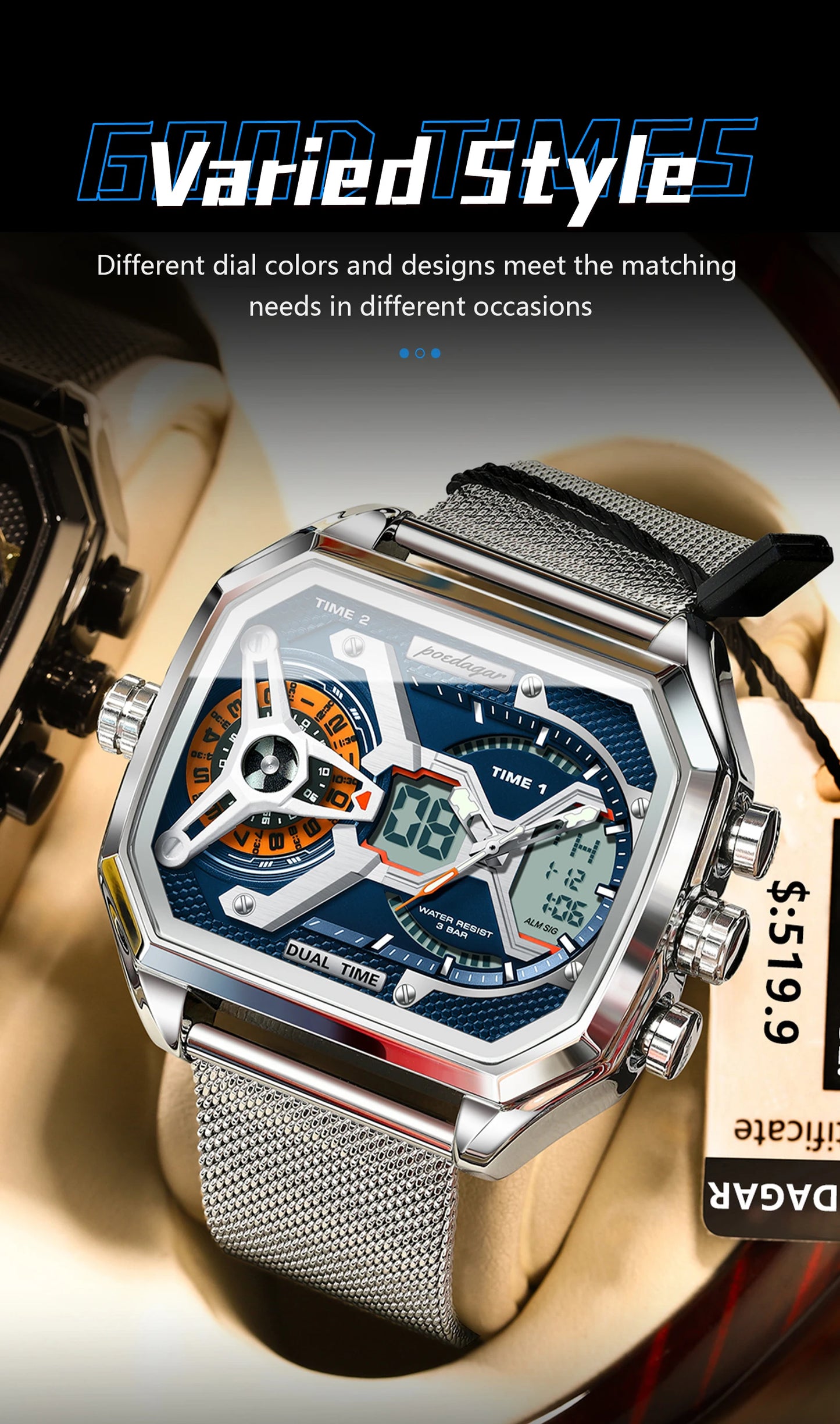 POEDAGAR Top Fashion Men Clock Rectangle Waterproof Date Week LED Man Watch Electronic Mesh Stainless Steel Quartz Men's Watches