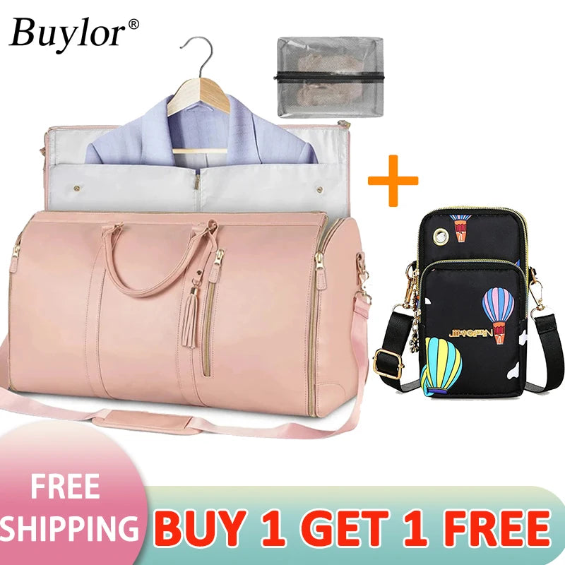 Buylor 2pcs Bags Foldable Suit Bag Large Capacity Travel Duffle Bag Waterproof Women Handbag Outdoor Fitness Bag With Shoe pouch