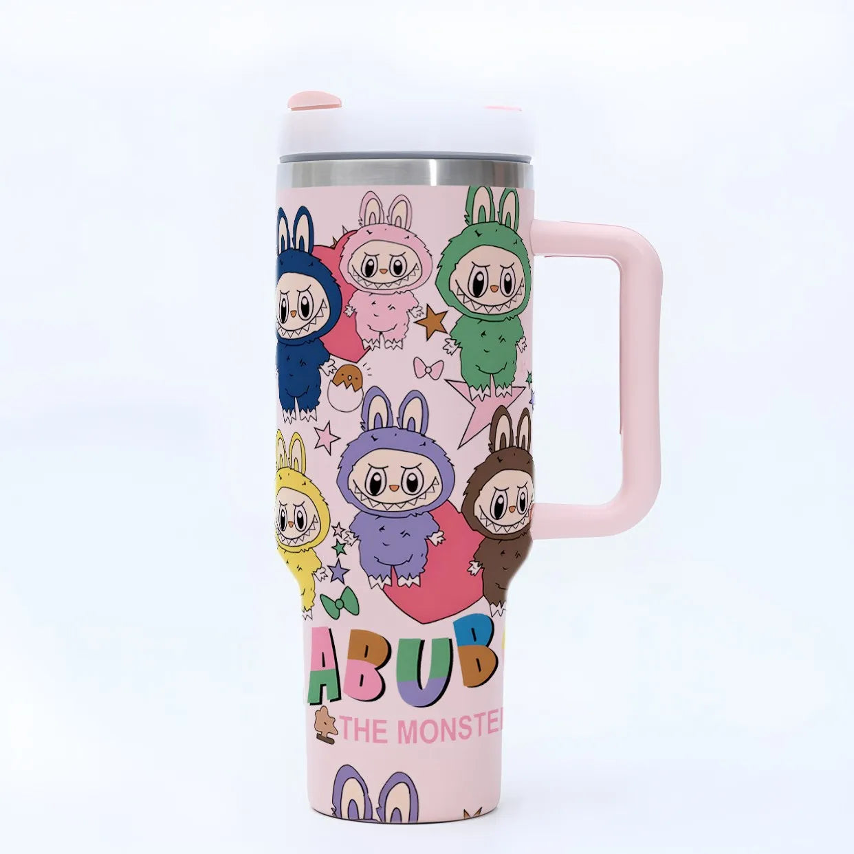 New Labubu 40Oz Stainless Steel Drum Type Tibial Drive Insulated Cup with Straw and Lid, Large Capacity Car Cup for Outdoor