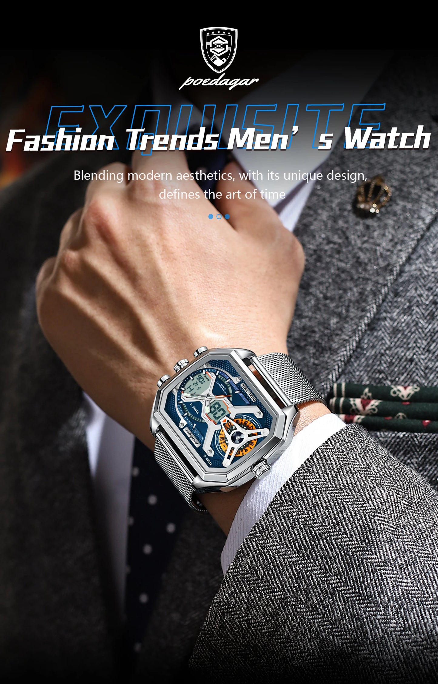 POEDAGAR Top Fashion Men Clock Rectangle Waterproof Date Week LED Man Watch Electronic Mesh Stainless Steel Quartz Men's Watches