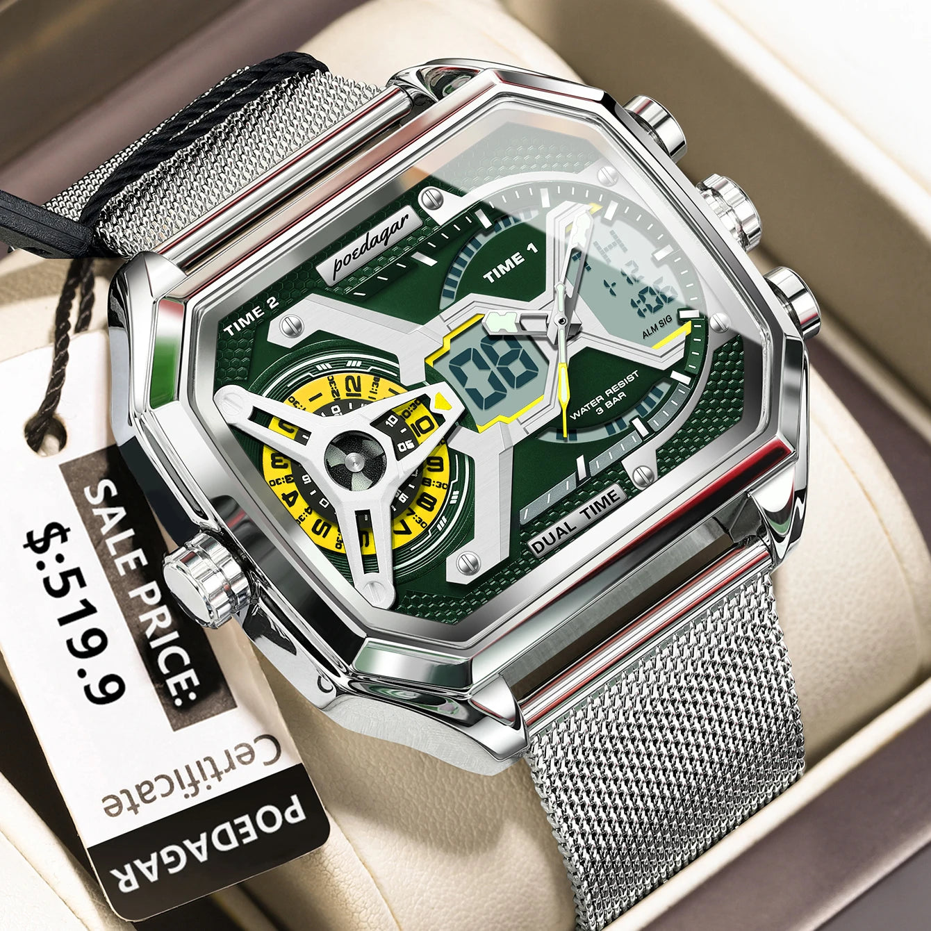 POEDAGAR Top Fashion Men Clock Rectangle Waterproof Date Week LED Man Watch Electronic Mesh Stainless Steel Quartz Men's Watches