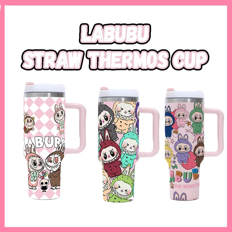 New Labubu 40Oz Stainless Steel Drum Type Tibial Drive Insulated Cup with Straw and Lid, Large Capacity Car Cup for Outdoor