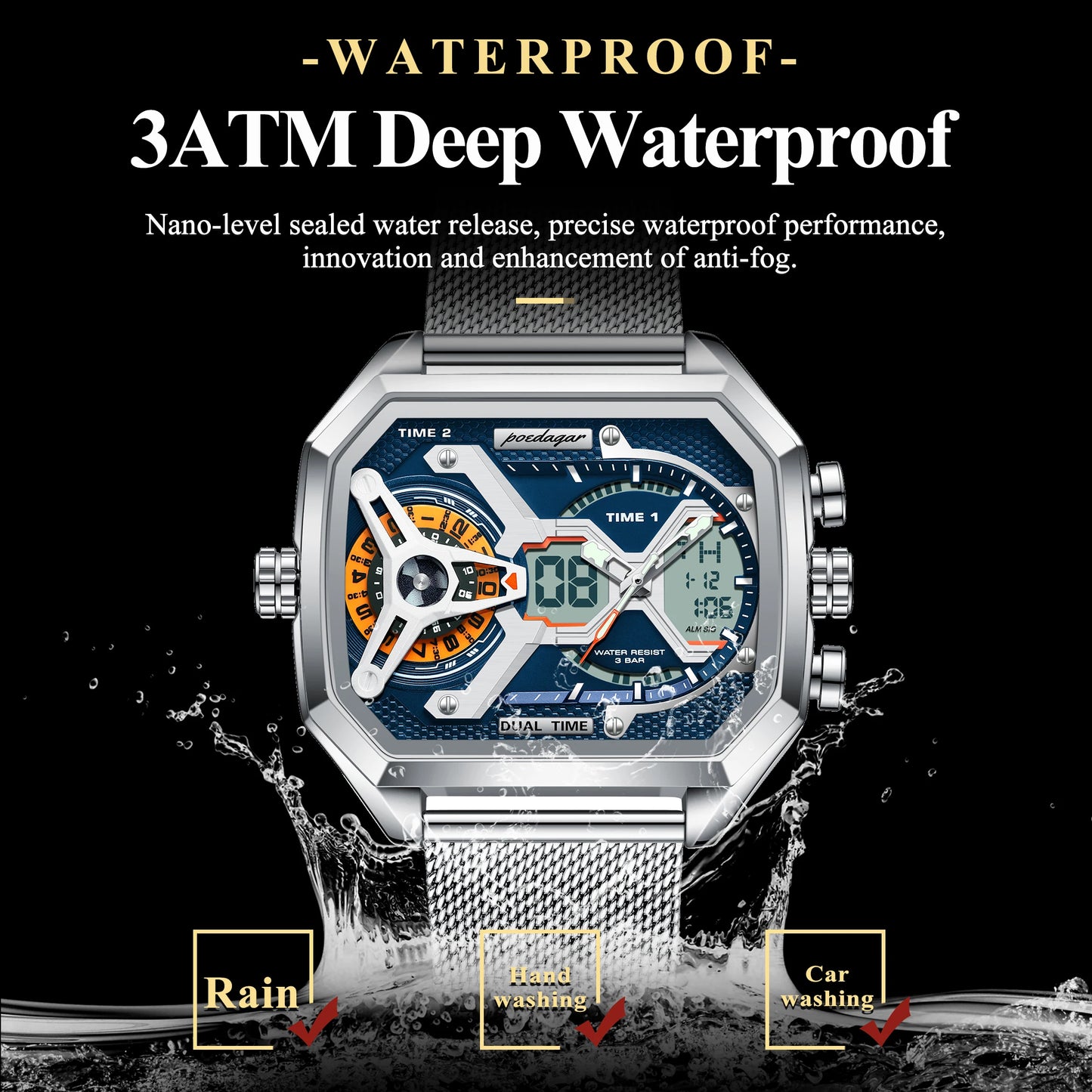 POEDAGAR Top Fashion Men Clock Rectangle Waterproof Date Week LED Man Watch Electronic Mesh Stainless Steel Quartz Men's Watches