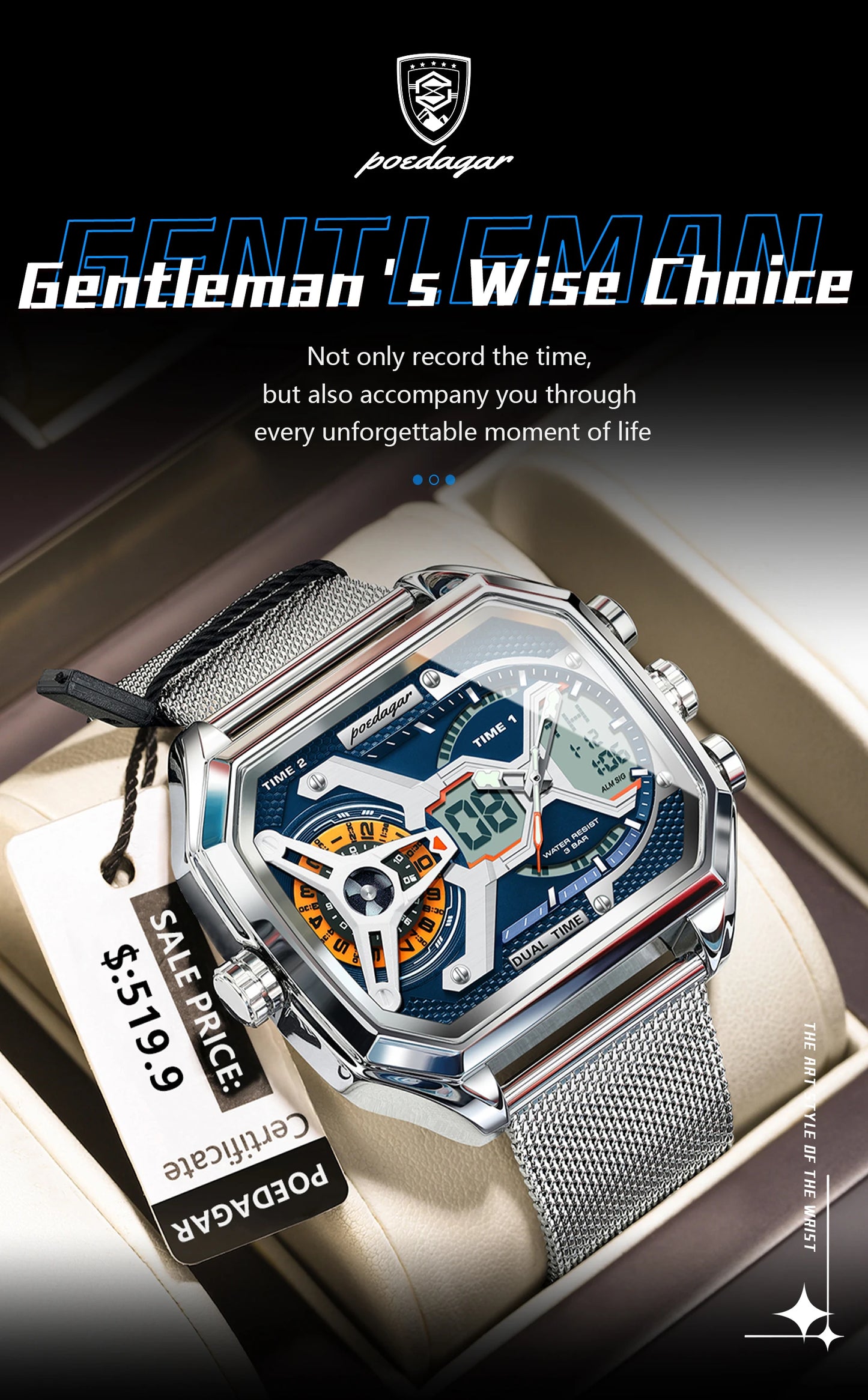 POEDAGAR Top Fashion Men Clock Rectangle Waterproof Date Week LED Man Watch Electronic Mesh Stainless Steel Quartz Men's Watches