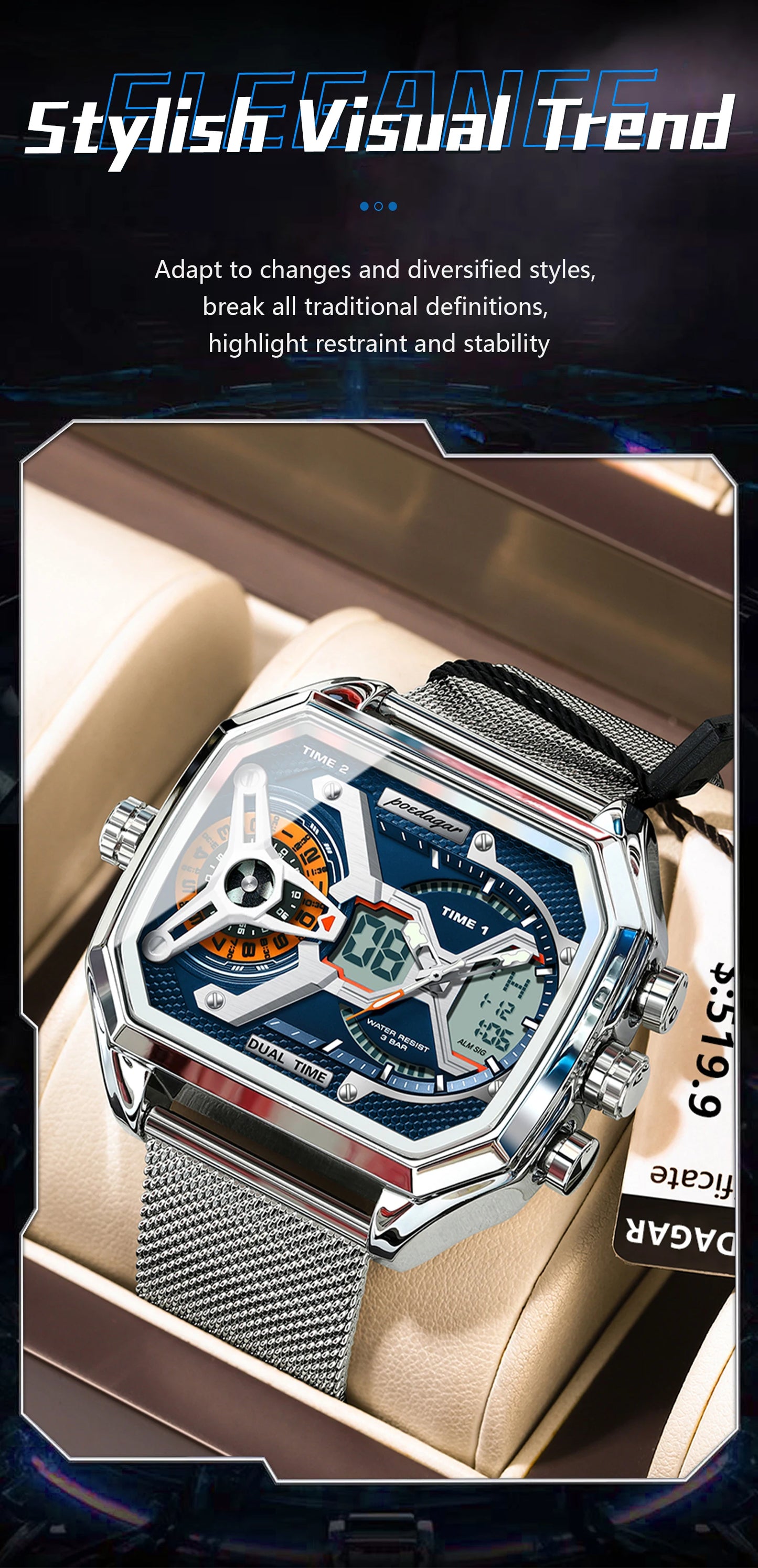 POEDAGAR Top Fashion Men Clock Rectangle Waterproof Date Week LED Man Watch Electronic Mesh Stainless Steel Quartz Men's Watches