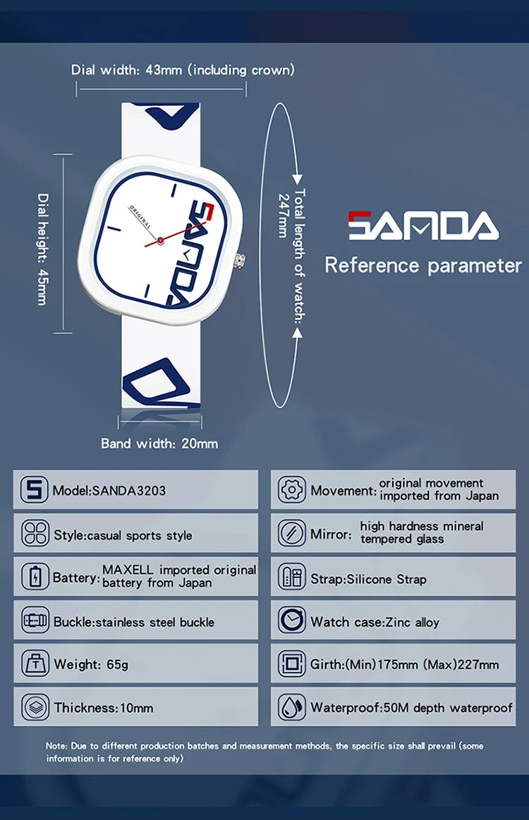 SANDA Brand Fashion Sports Quartz Watch Men Luxury Casual Waterproof Silicone Strap Men Clock  Simple Design Men Wristwatch 3203