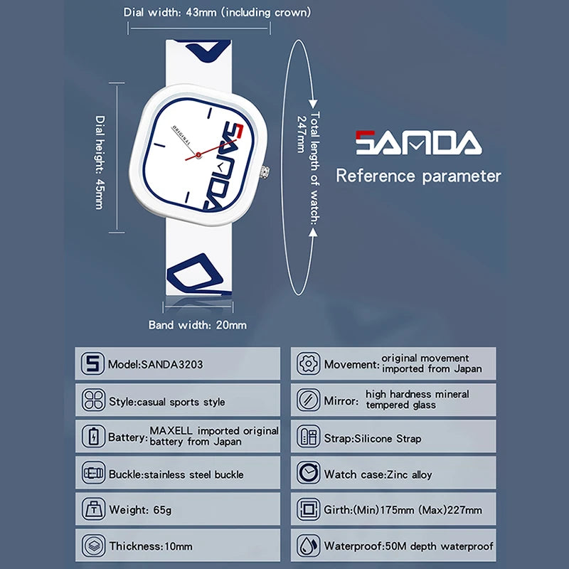 SANDA Brand Fashion Sports Quartz Watch Men Luxury Casual Waterproof Silicone Strap Men Clock  Simple Design Men Wristwatch 3203