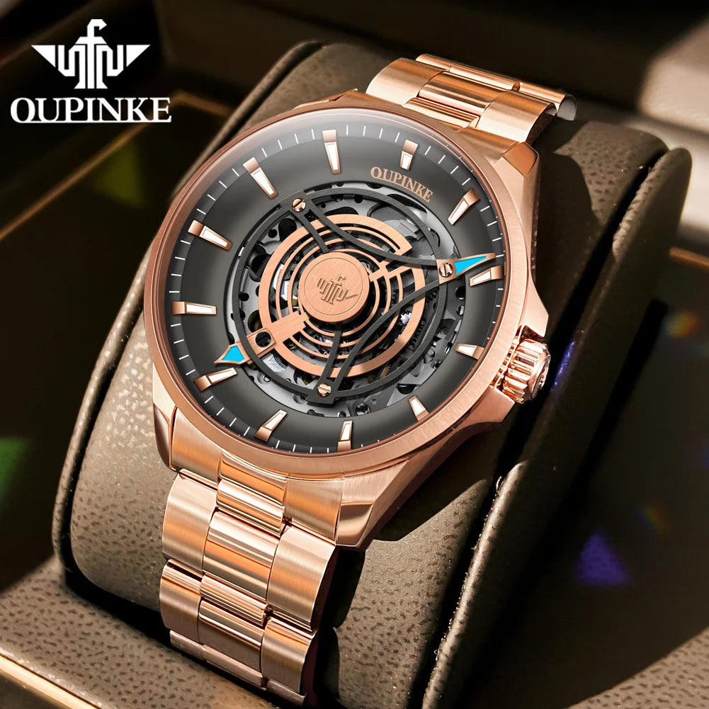 OUPINKE 3206 Top Brand Hollow Mechanical Watch For Men Synthetic Sapphire Mirror Waterproof Wristwatch Luxury Business Watches