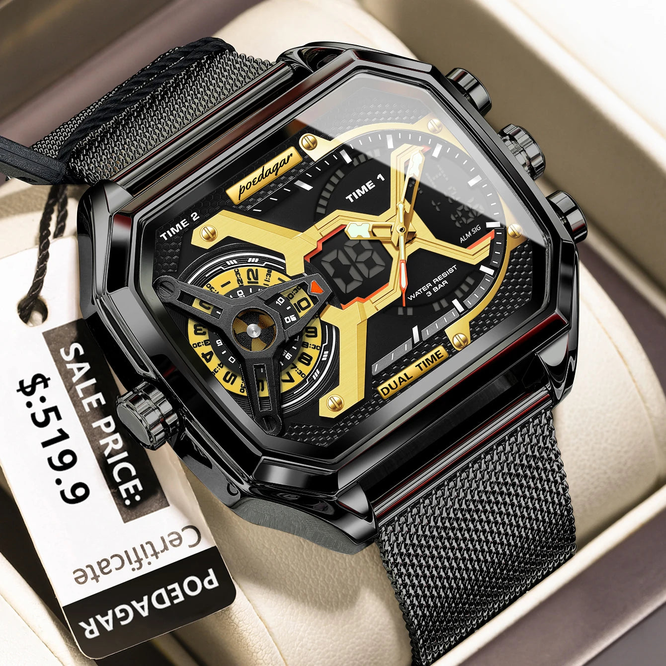 POEDAGAR Top Fashion Men Clock Rectangle Waterproof Date Week LED Man Watch Electronic Mesh Stainless Steel Quartz Men's Watches