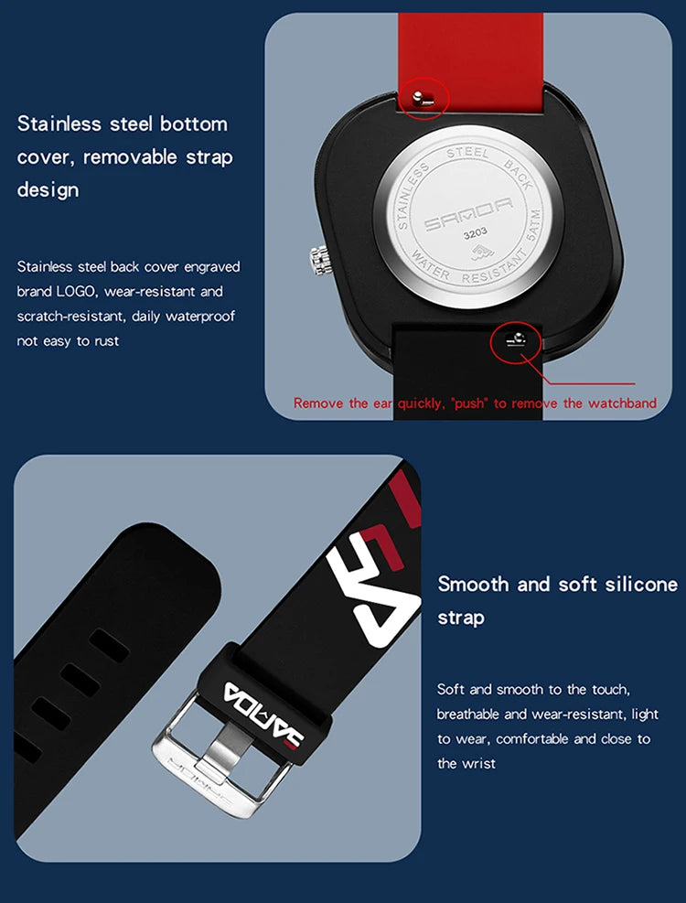 SANDA Brand Fashion Sports Quartz Watch Men Luxury Casual Waterproof Silicone Strap Men Clock  Simple Design Men Wristwatch 3203