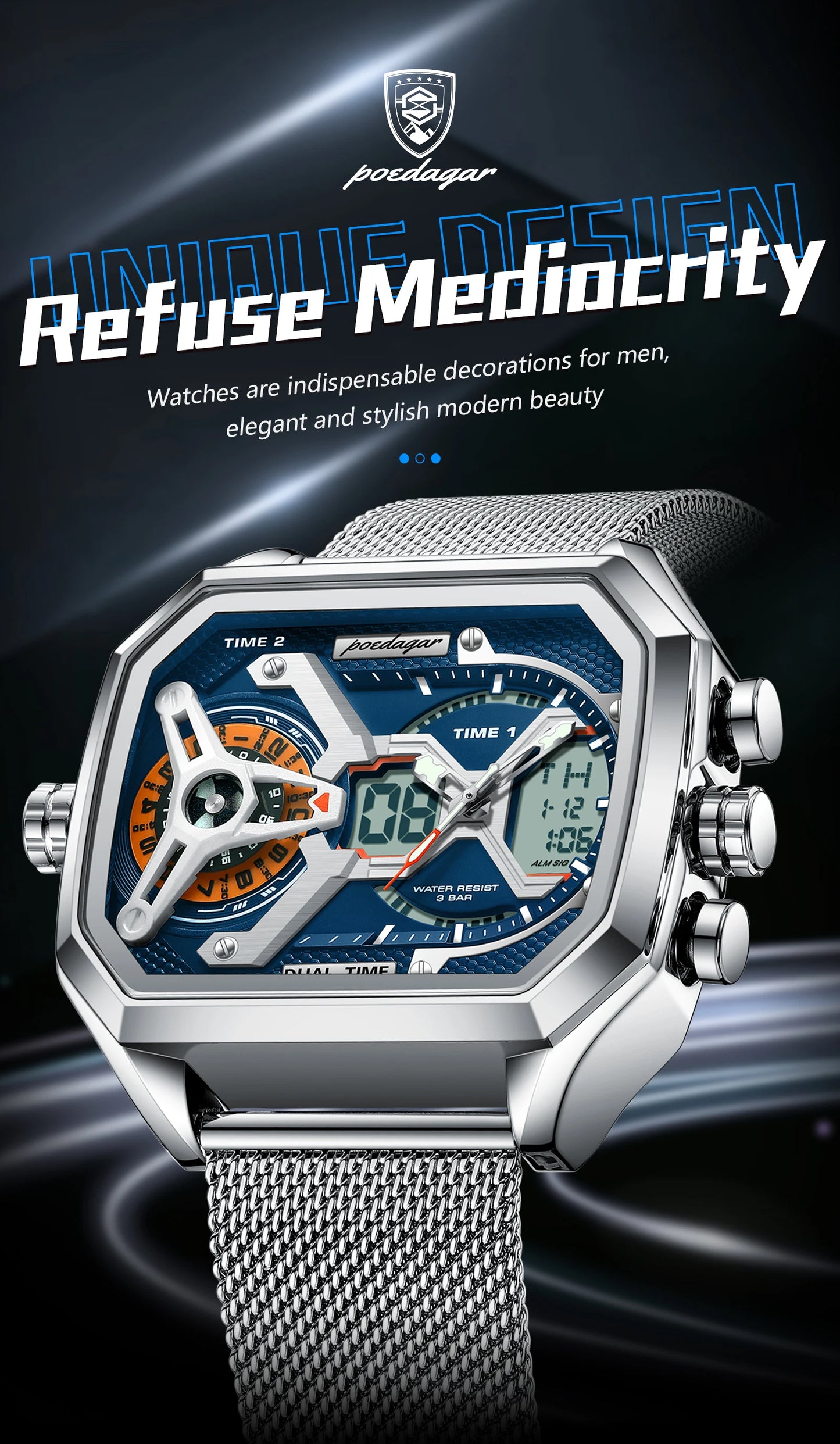 POEDAGAR Top Fashion Men Clock Rectangle Waterproof Date Week LED Man Watch Electronic Mesh Stainless Steel Quartz Men's Watches