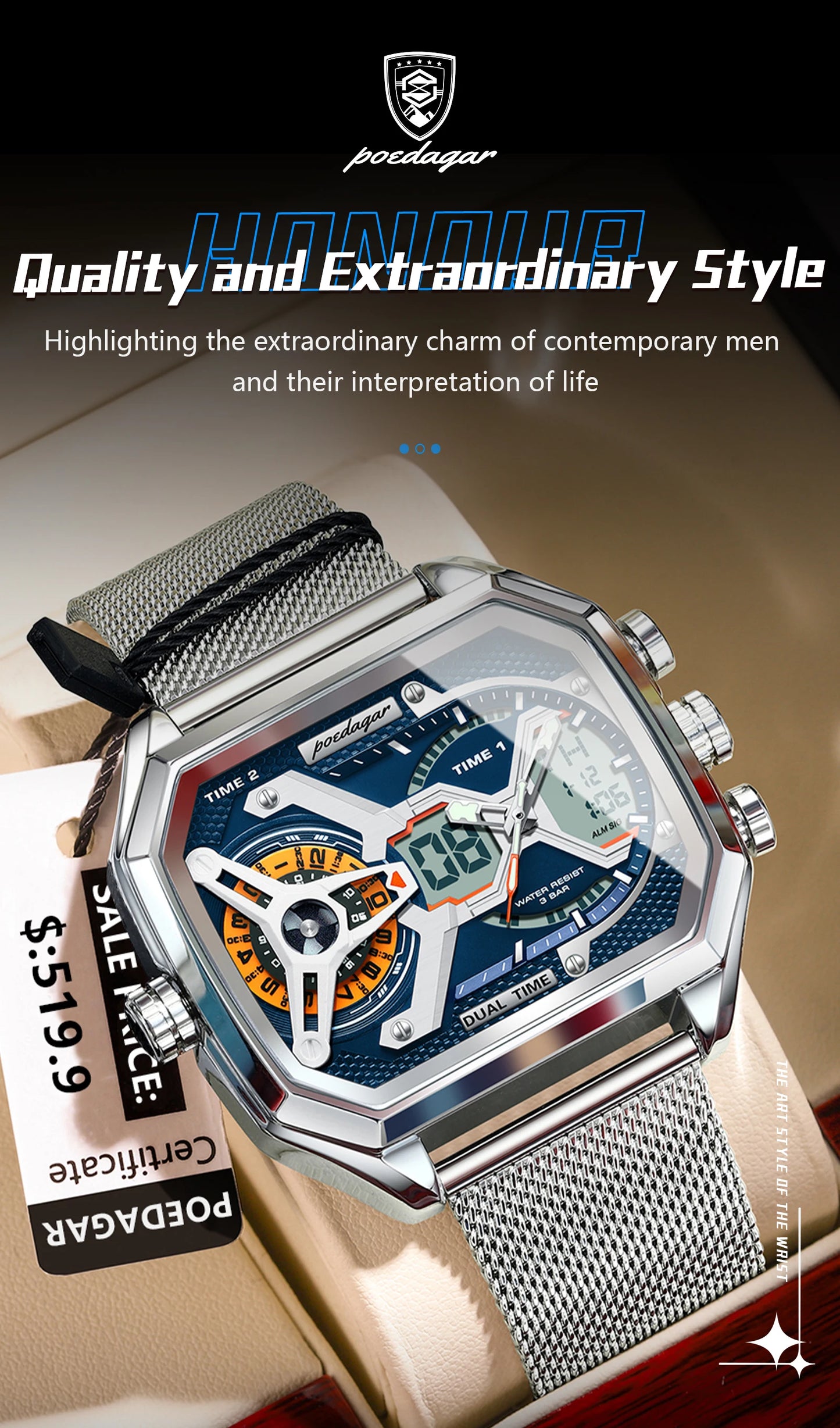 POEDAGAR Top Fashion Men Clock Rectangle Waterproof Date Week LED Man Watch Electronic Mesh Stainless Steel Quartz Men's Watches