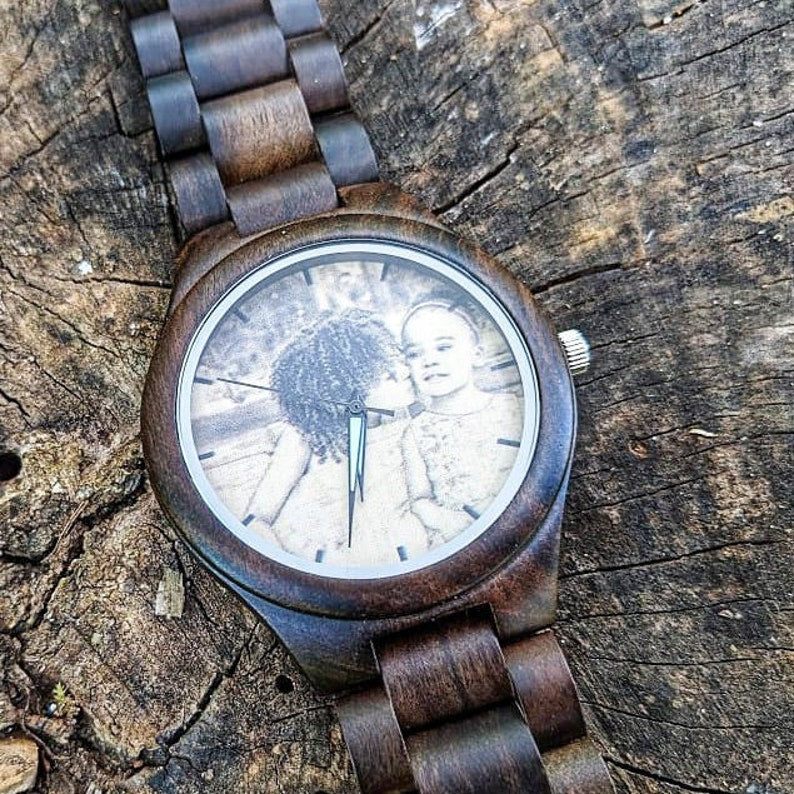 Reloj de madera con foto grabada, regalo del día del padre para el esposo, reloj de madera para hombres, reloj con foto, regalo de cumpleaños para él, reloj con foto personalizado