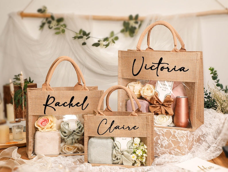 Bolsa de regalo personalizada, bolsas de dama de honor, bolsa de playa de regalo, regalos de dama de honor, recuerdo de despedida de soltera, bolsa de yute, regalo de fiesta nupcial, bolsa de agradecimiento