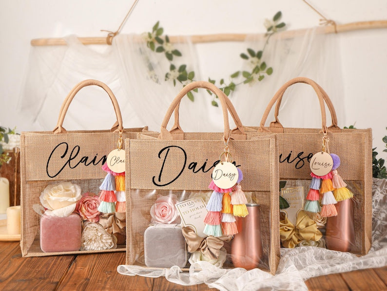 Bolsa de regalo personalizada, bolsas de dama de honor, bolsa de playa de regalo, regalos de dama de honor, recuerdo de despedida de soltera, bolsa de yute, regalo de fiesta nupcial, bolsa de agradecimiento