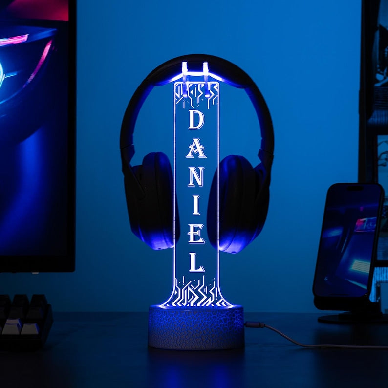 Soporte para auriculares LED personalizado con luces, expositor de auriculares personalizado, organizador de escritorio para gamers, regalo único para novios o adolescentes gamers.