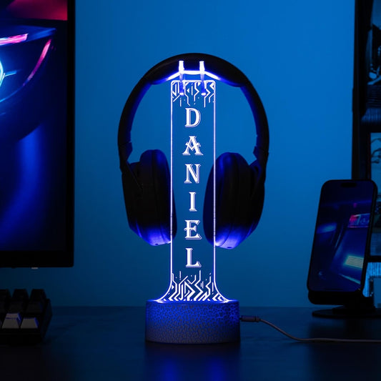 Soporte para auriculares LED personalizado con luces, expositor de auriculares personalizado, organizador de escritorio para gamers, regalo único para novios o adolescentes gamers.